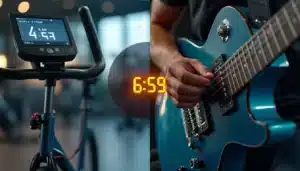 Imagem dividida mostrando uma bicicleta ergométrica e uma guitarra, unidas por um relógio digital